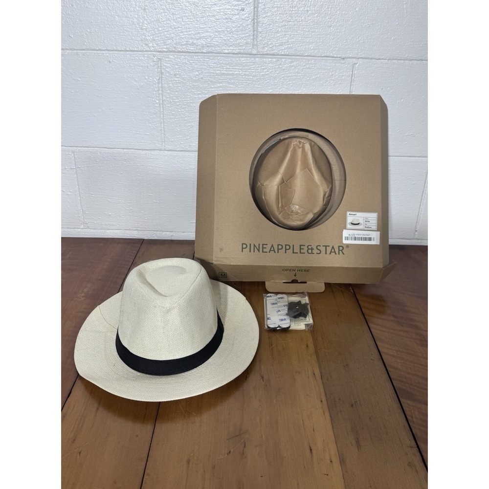 Pineapple & Star Amari Panama Fedora Hat White Black Band Size Medium w/ Box